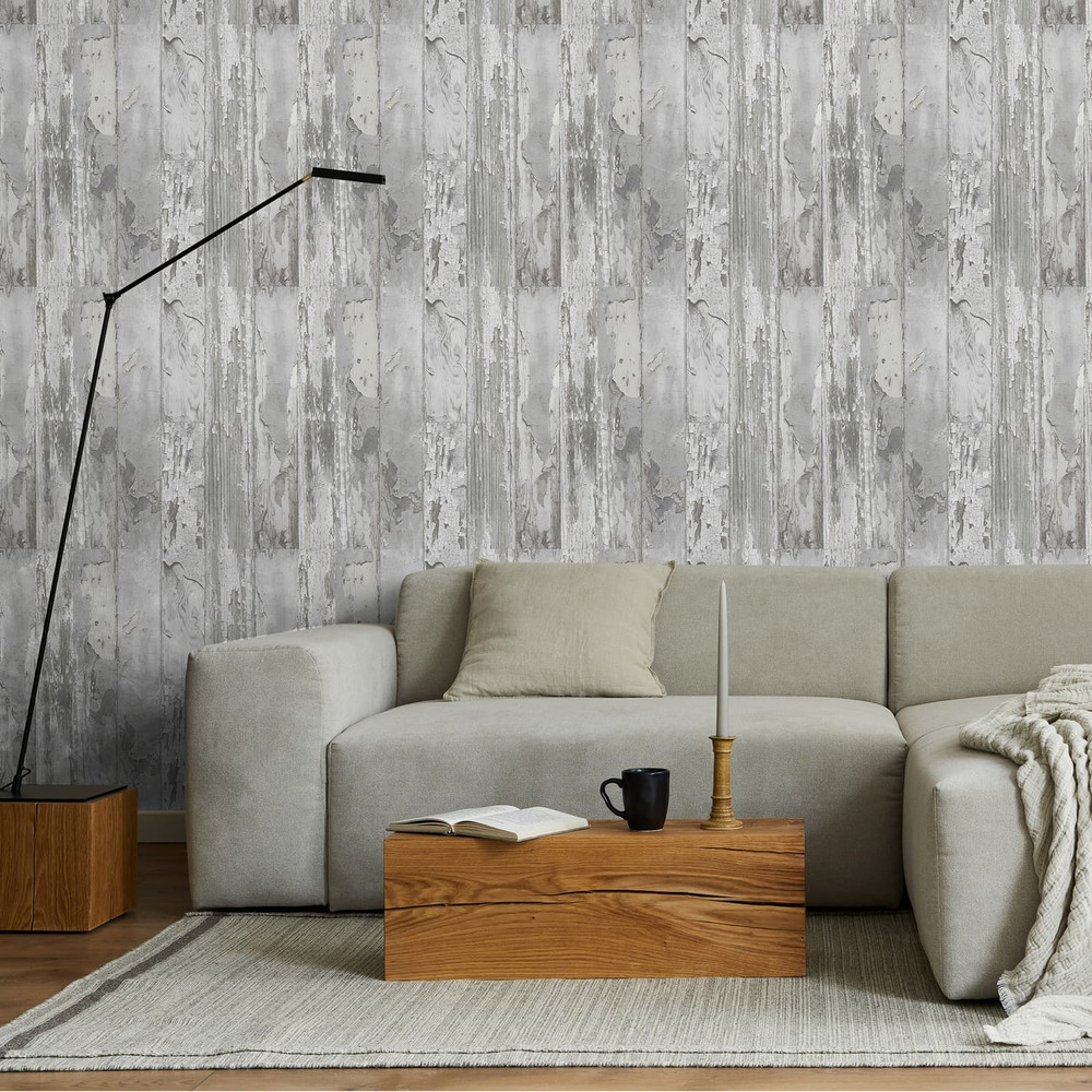 Distressed Wood Grey Wallpaper