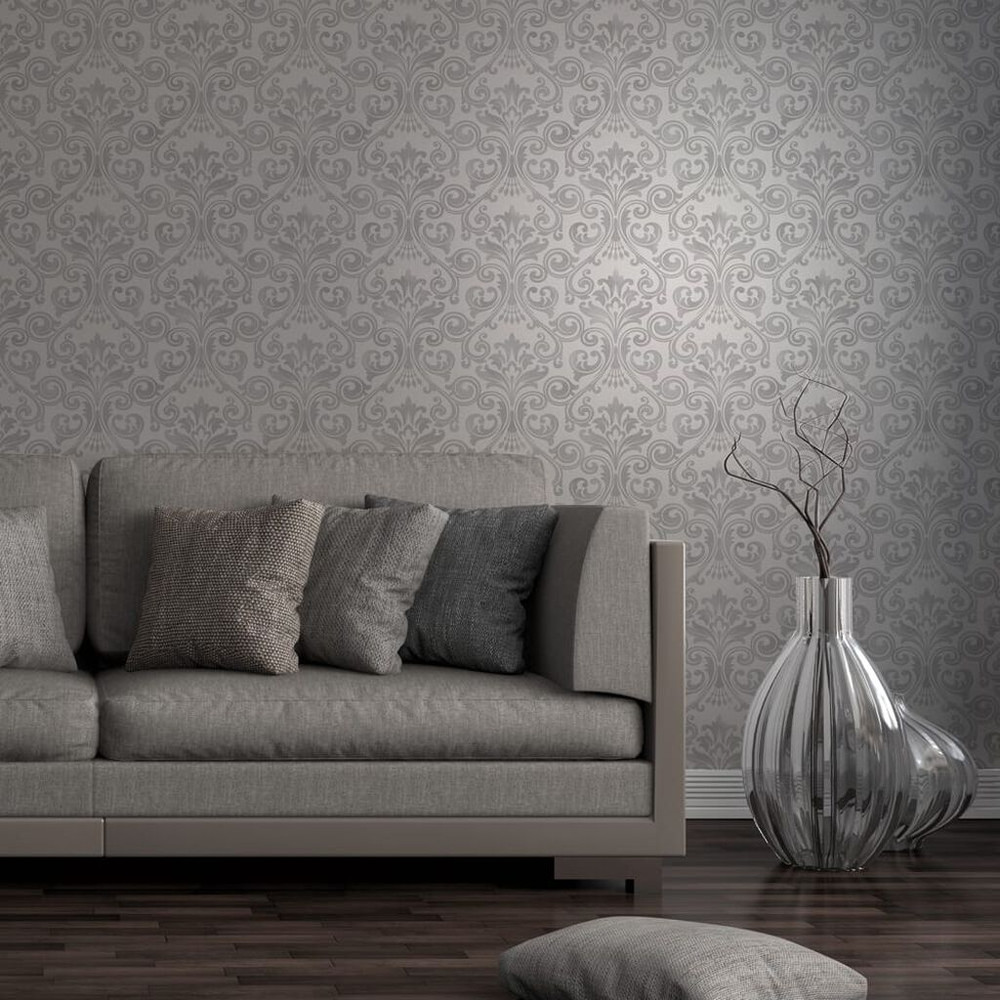 Wentworth Damask Grey & Silver Wallpaper