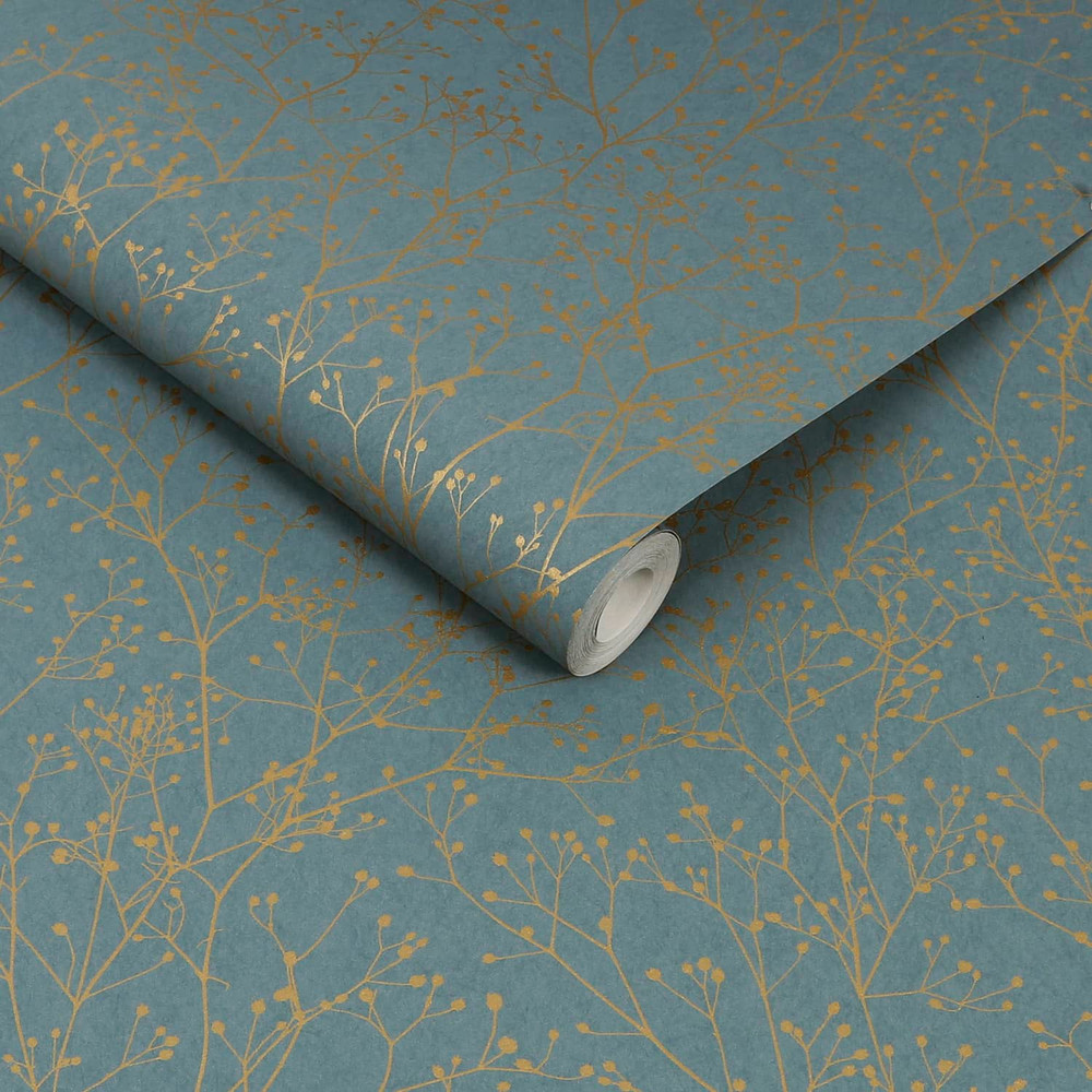 Gypsophila Airforce Blue & Soft Gold Wallpaper