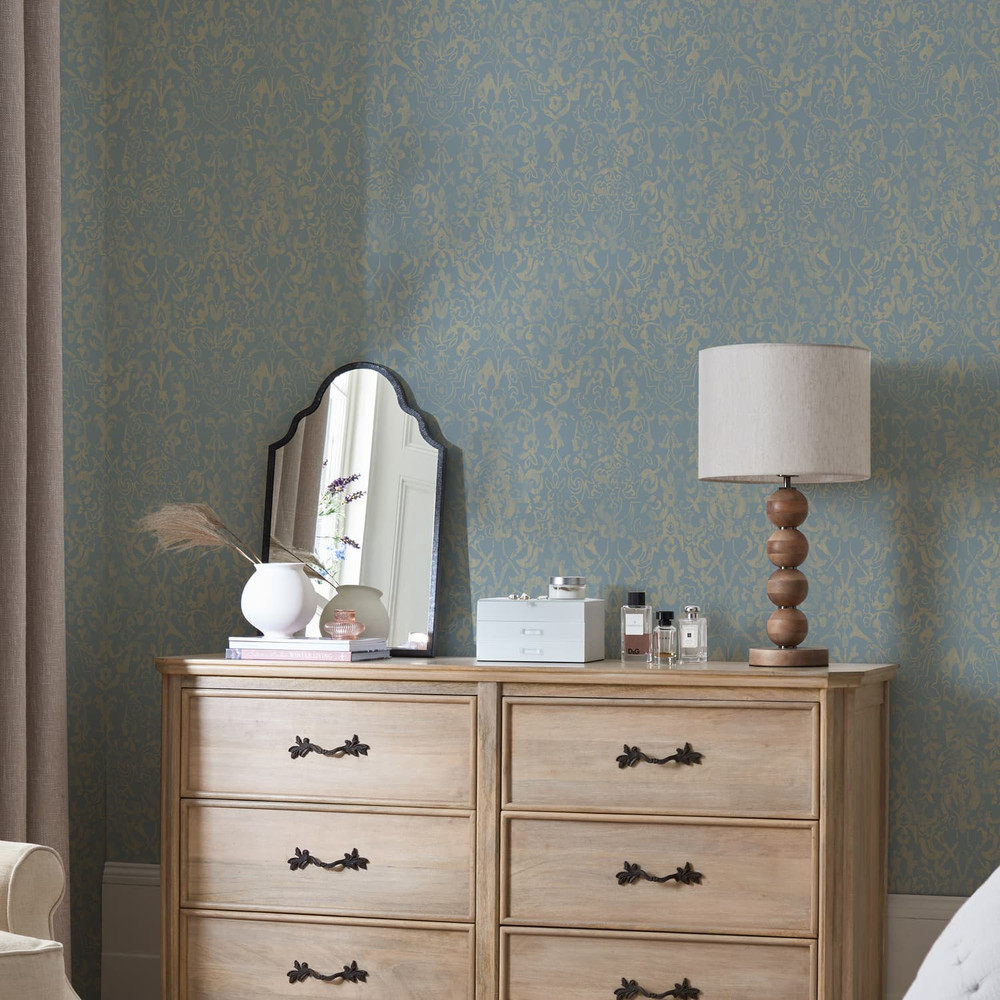 Majestic Damask Blue Wallpaper