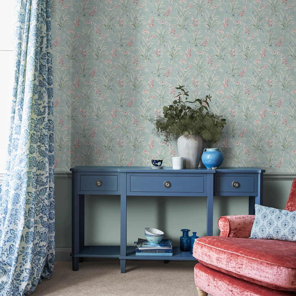 Laura Ashley Mosedale Posy Dark Duck Egg Blue Wallpaper