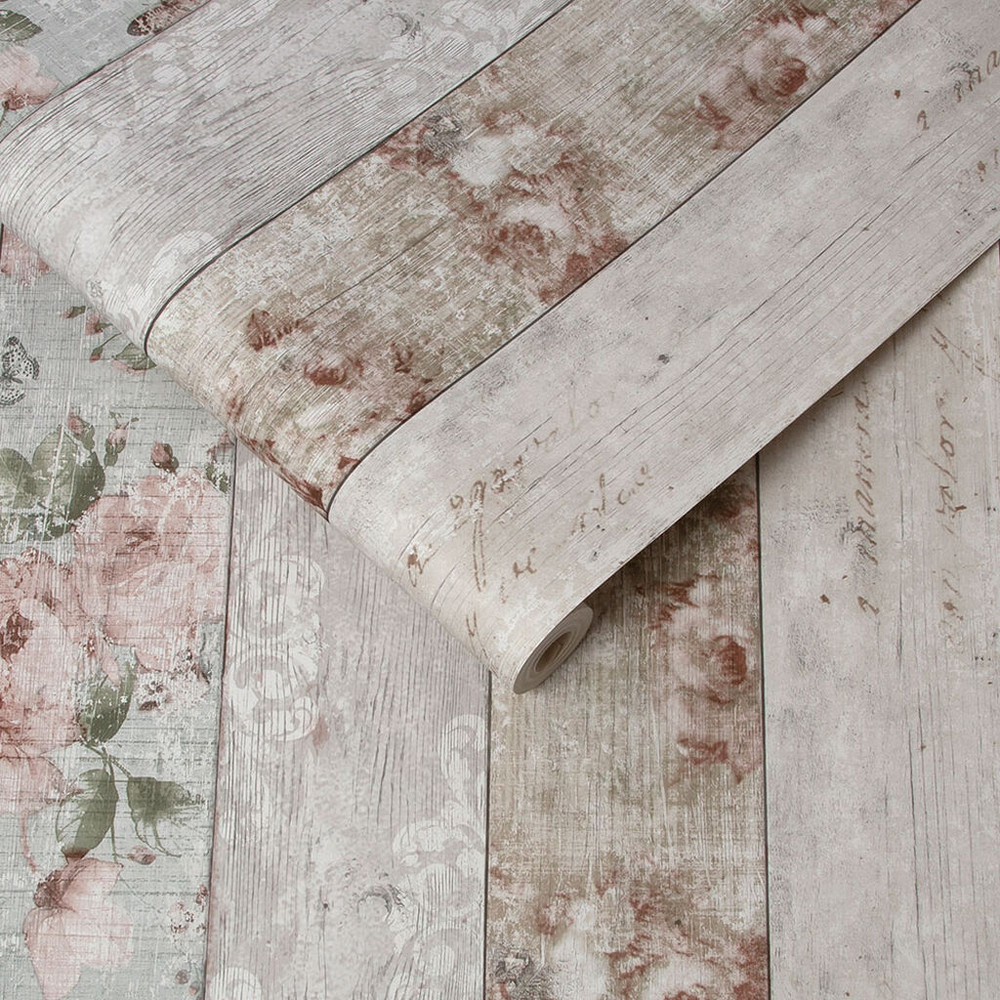 distressed wood floral wallpaper