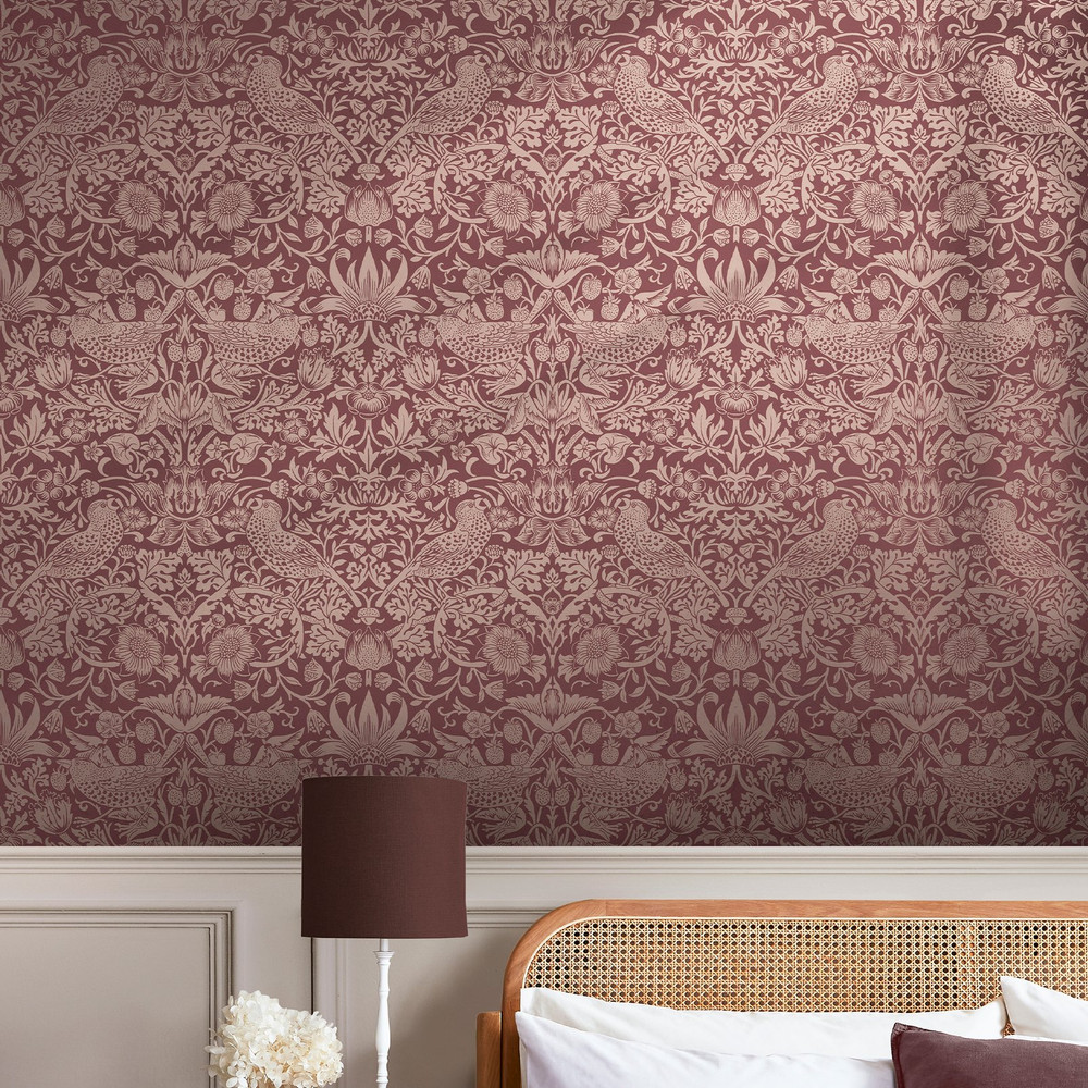 Strawberry Thief Fibrous Burgundy Wallpaper - 124235_ROOMSET_STRAWBERRY THIEF FIBROUS BURGUNDY_01.jpg