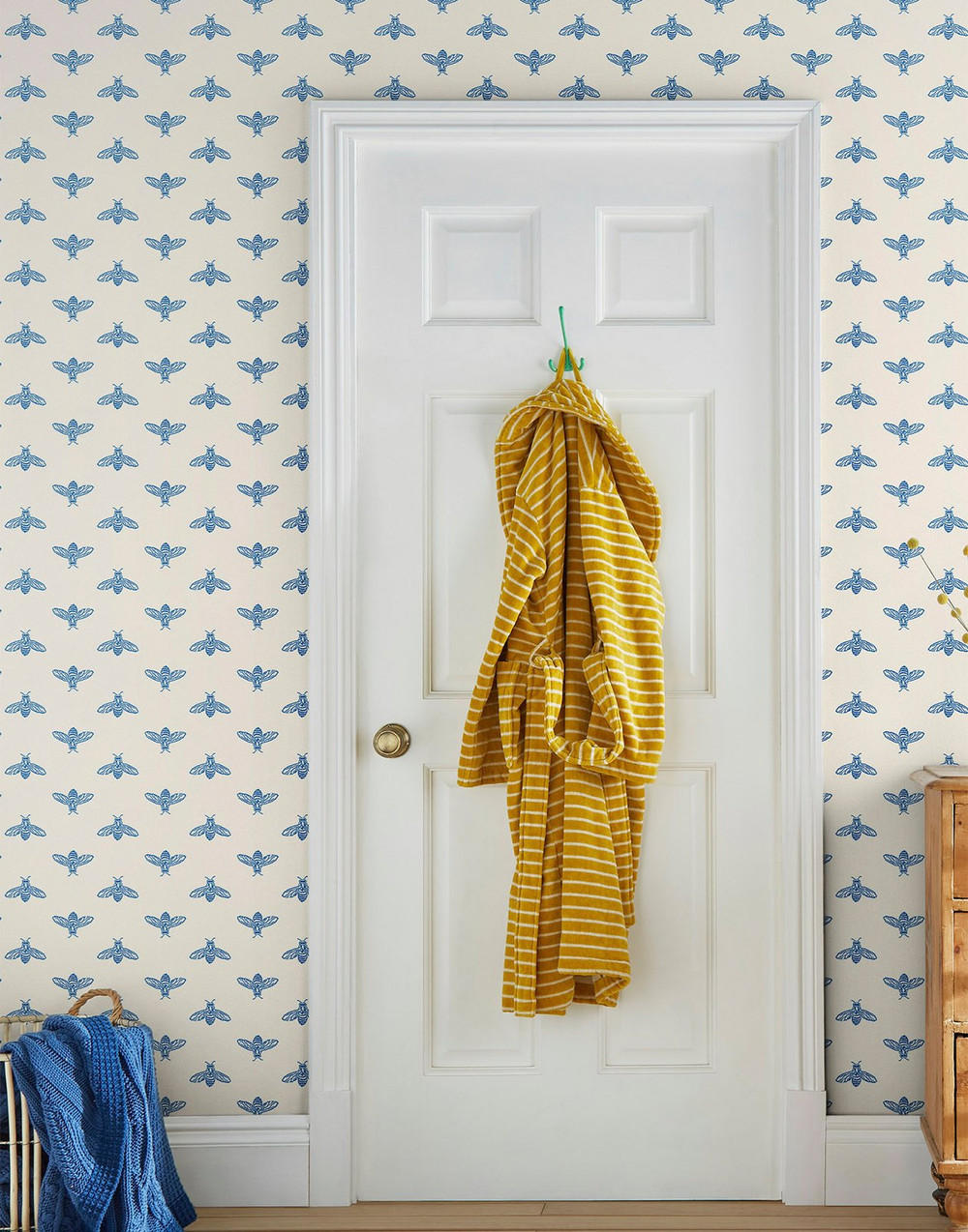 Joules Block Print Bee Blue Haze Wallpaper