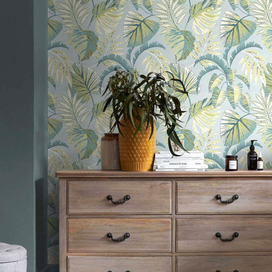 next jungle leaves duck egg wallpaper