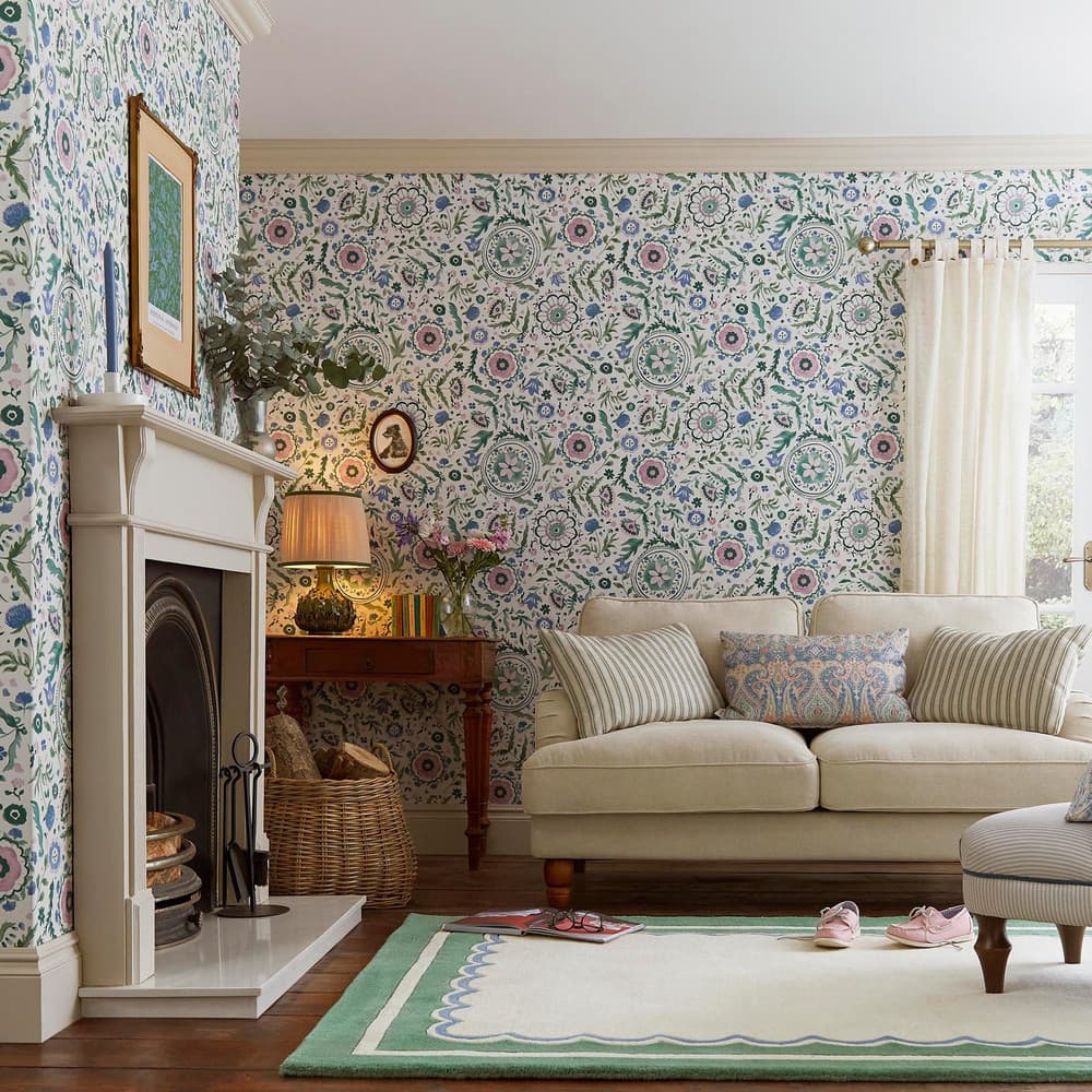 Joules Festival Flowers Cream Wallpaper in a living room